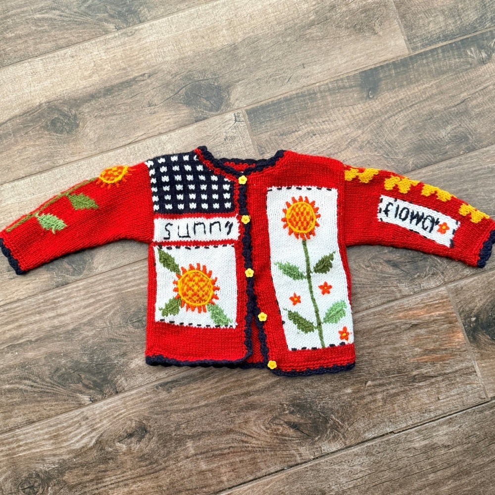 Badge Kids Vintage Whimsy Handknit Sunflower Cardigan Sweater,Red Yellow,3T